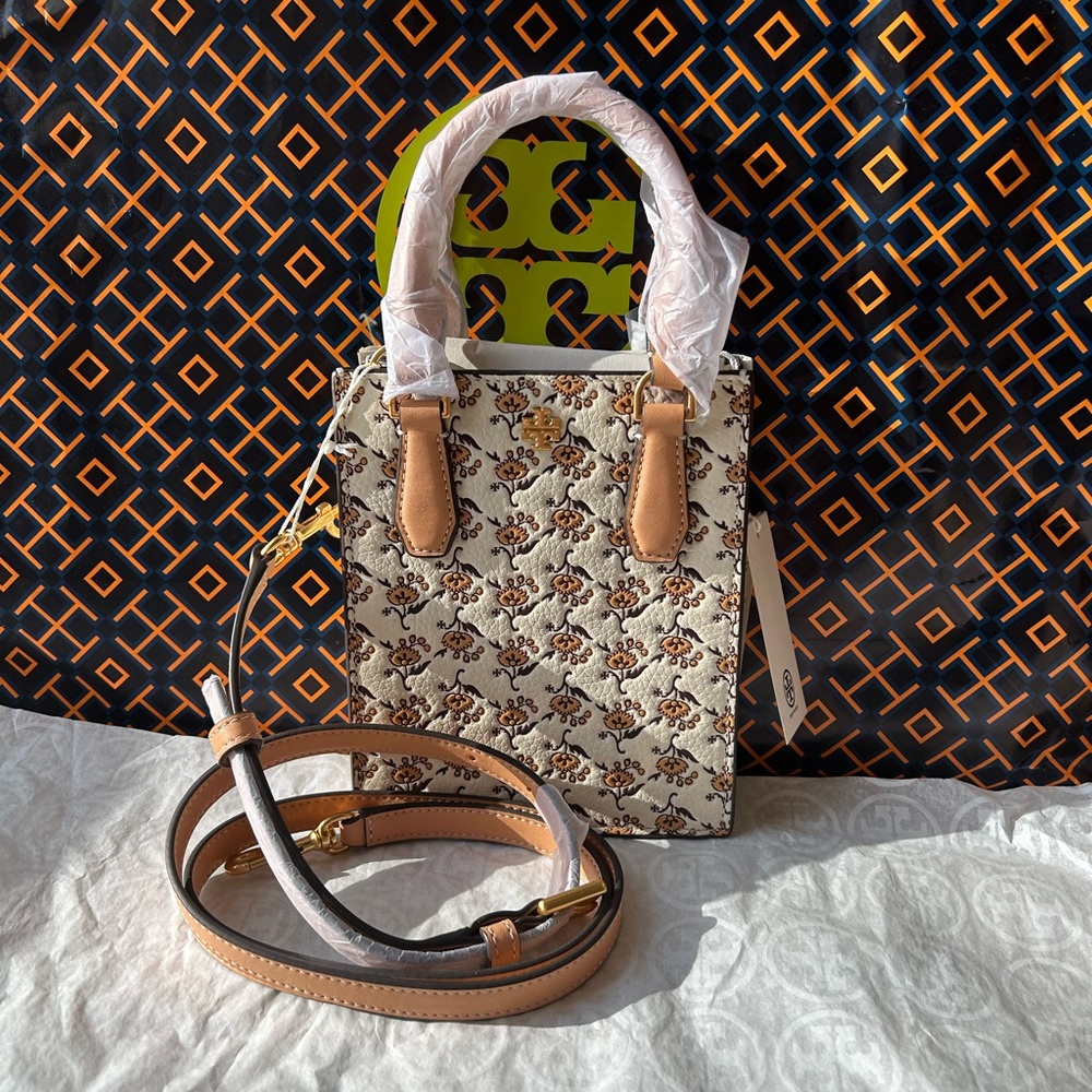 Tory Burch Blake Printed Shopper Bag Crossbody Top Handle French Cream Curly